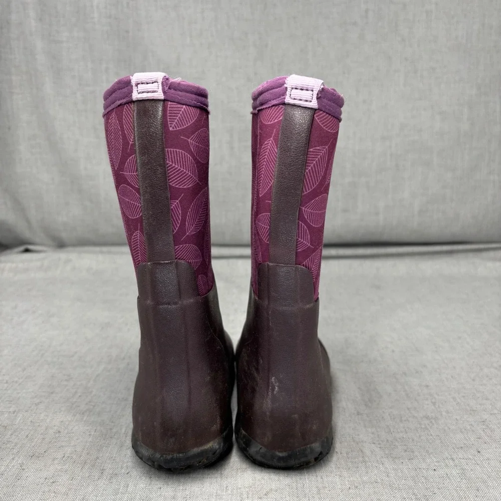 Bogs Kids Rain Boots‎ Purple Leaf Print Burgundy Waterproof Insulated Size 12